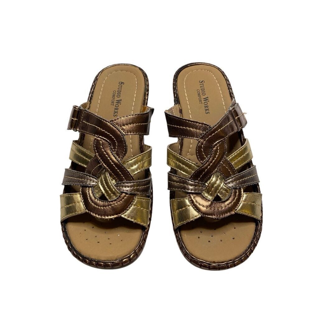 Studio Works Bronze Gold Comfort Sandals Strappy Slip On Wedge Shoes Size 6.5 M